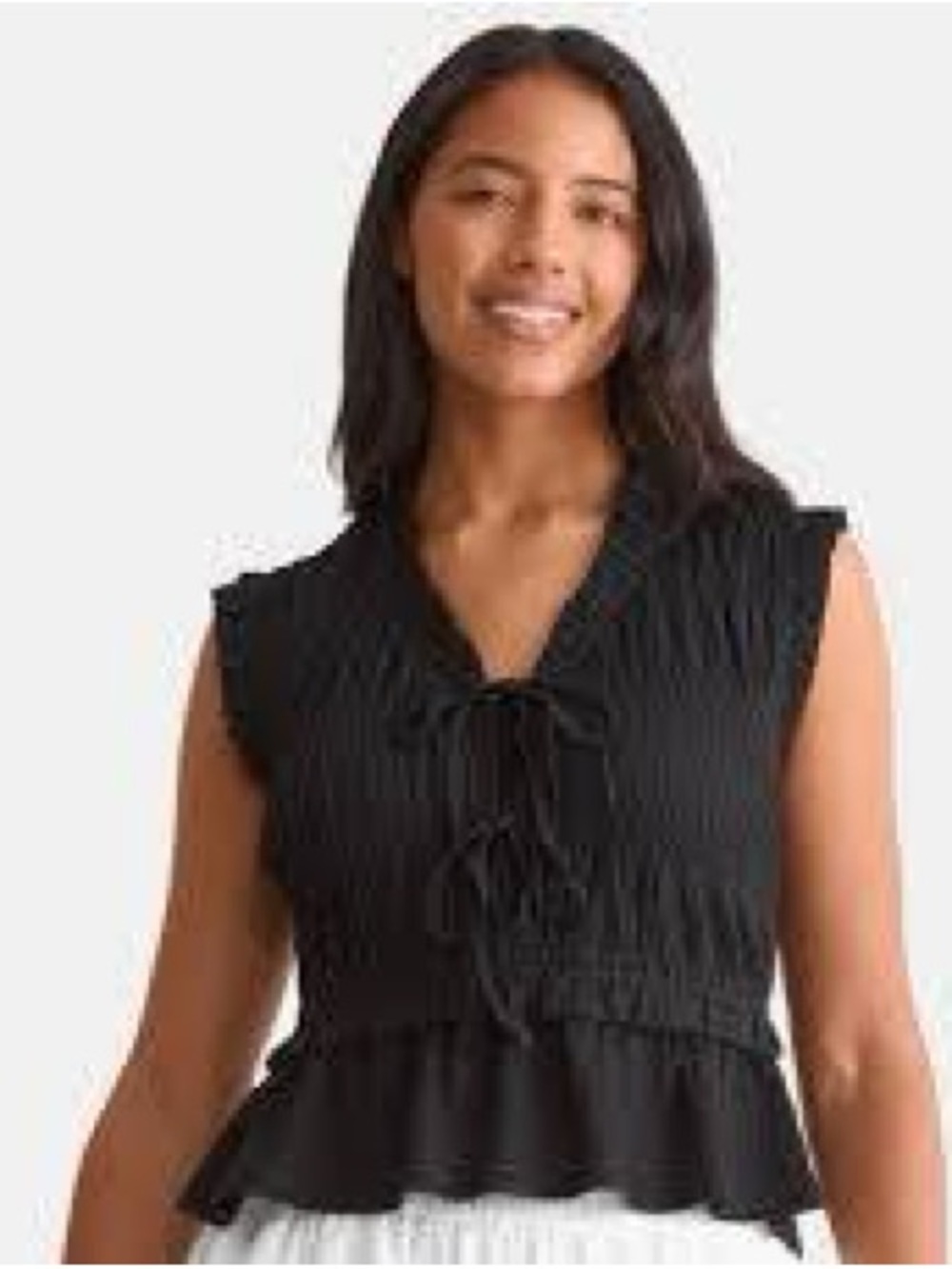 Time and Tru Black Tie-Front Ruffle Peplum Blouse